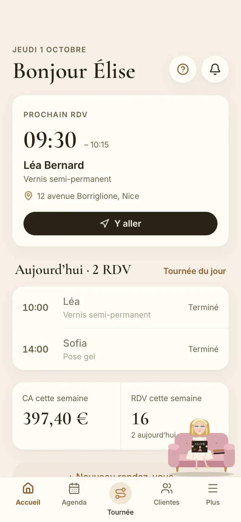 L’écran Aujourd’hui de homebyou : le prochain rendez-vous, la journée, les chiffres de la semaine
