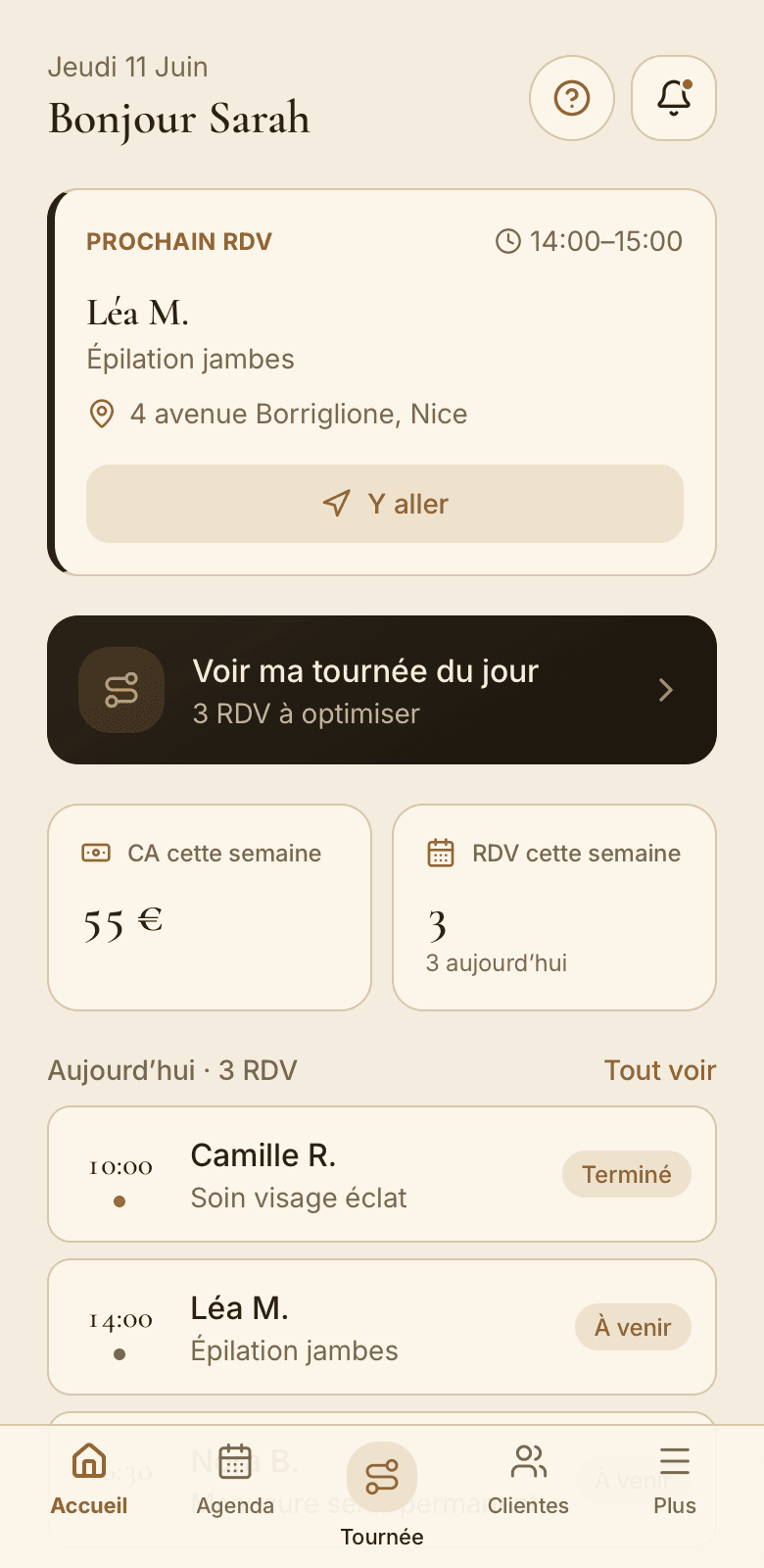 L’écran d’accueil de homebyou : prochain rendez-vous, tournée du jour à optimiser, chiffre d’affaires de la semaine